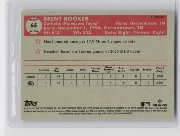 2021 Topps Chrome Platinum Anniversary Brent Rooker Refractor #65 Twins - Image 3