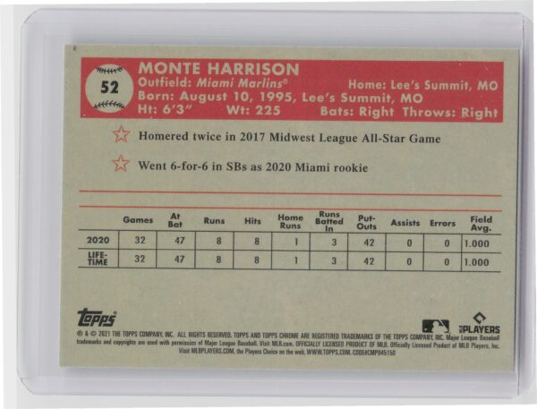 2021 Topps Chrome Platinum Anniversary Monte Harrison Prism Refractor #52 Marlin - Image 3