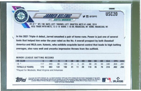2021 Topps Chrome Update Jarred Kelenic Purple Refractor #USC20 Mariners - Image 3