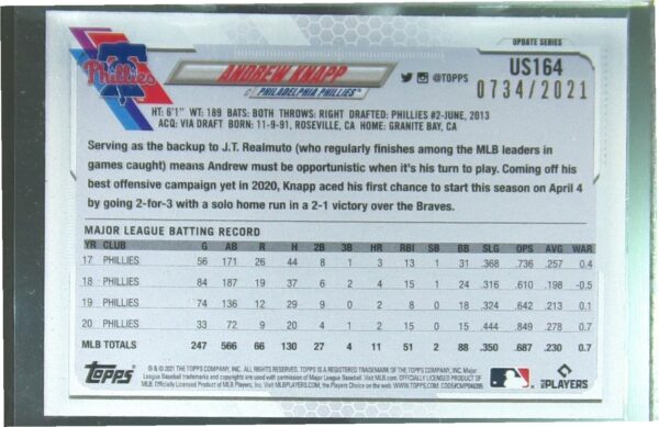 2021 Topps Update Andrew Knapp Gold /2021 #US164 Phillies - Image 3