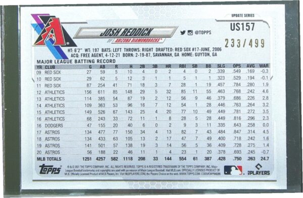 2021 Topps Update Josh Reddick Green Foilboard /499 #US157 Diamondbacks - Image 3