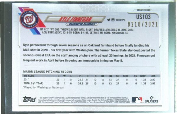 2021 Topps Update Kyle Finnegan Gold /2021 RC #US103 Nationals - Image 3