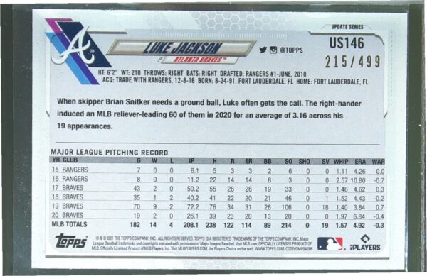 2021 Topps Update Luke Jackson Green Foilboard /499 #US146 Braves - Image 3