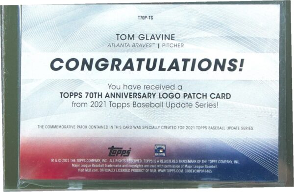 2021 Topps Update Tom Glavine #T70P-TG Braves Topps 70th Anniversary Logo Patch - Image 3