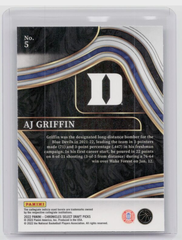 2022-23 Panini Chronicles Select Draft Picks AJ Griffin #5 Duke - Image 3