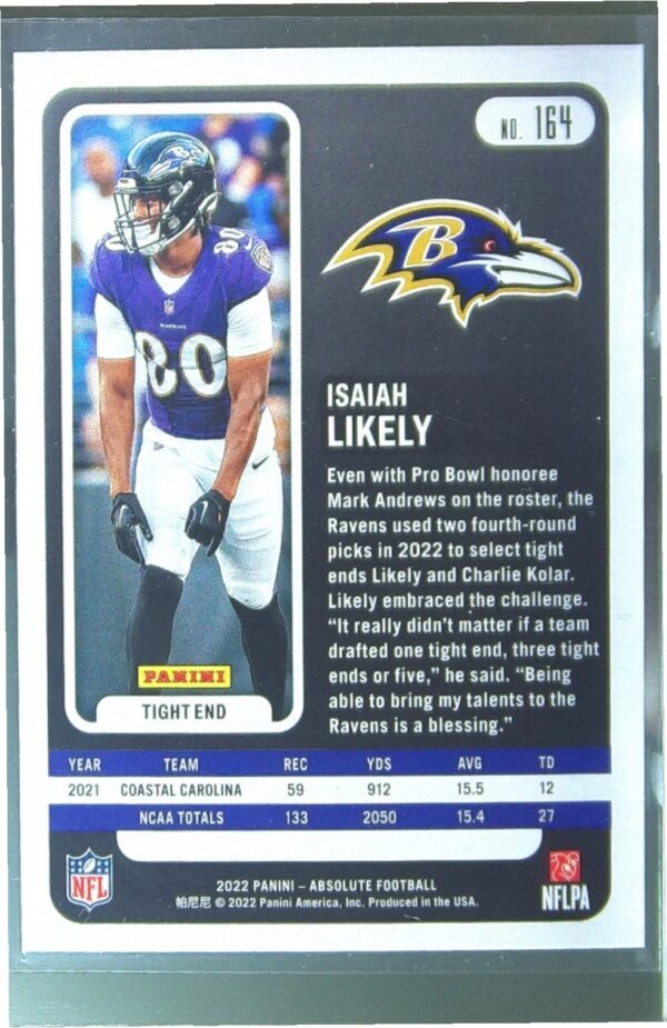 2022 Absolute Isaiah Likely Retail RC #164 Ravens - Image 3