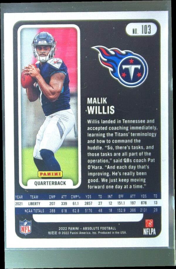 2022 Absolute Malik Willis Retail RC #103 Titans - Image 3