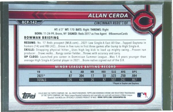 2022 Bowman Allan Cerda /199 #BCP-142 Reds Chrome Prospects Fuchsia Lava - Image 3
