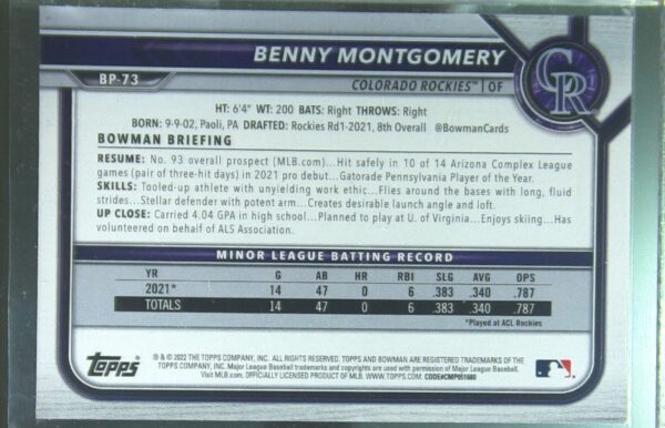 2022 Bowman Benny Montgomery /499 #BP-73 Rockies Prospects Sky Blue - Image 3