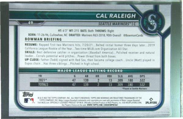 2022 Bowman Cal Raleigh RC #49 Mariners - Image 3