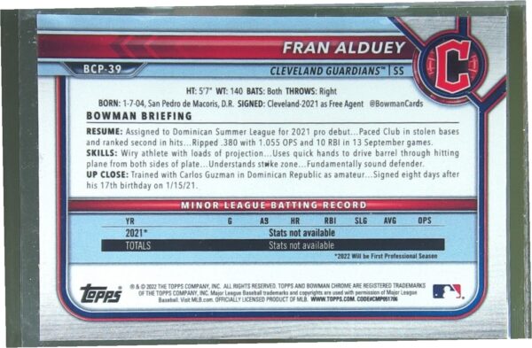 2022 Bowman Chrome Fran Alduey /399 #BCP-39 Guardians Chrome Prospects Lava - Image 3