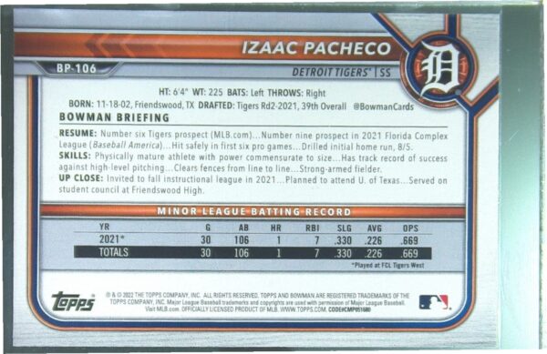 2022 Bowman Izaac Pacheco /299 #BP-106 Tigers Prospects Fuchsia - Image 3