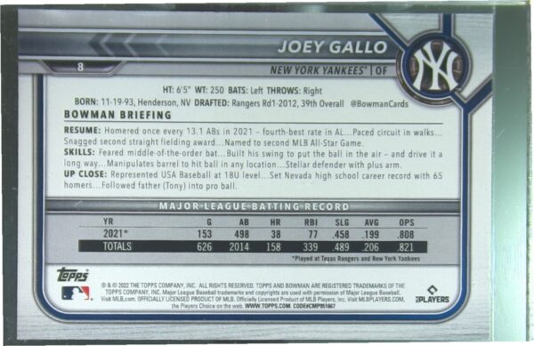 2022 Bowman Joey Gallo Fuchsia /299 #8 Yankees - Image 3