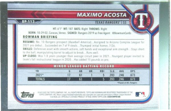 2022 Bowman Maximo Acosta /250 #BP-113 Rangers Prospects Purple - Image 3