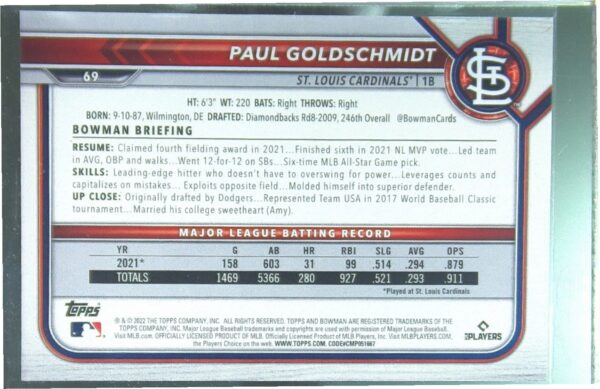2022 Bowman Paul Goldschmidt Purple Pattern /199 #69 Cardinals - Image 3
