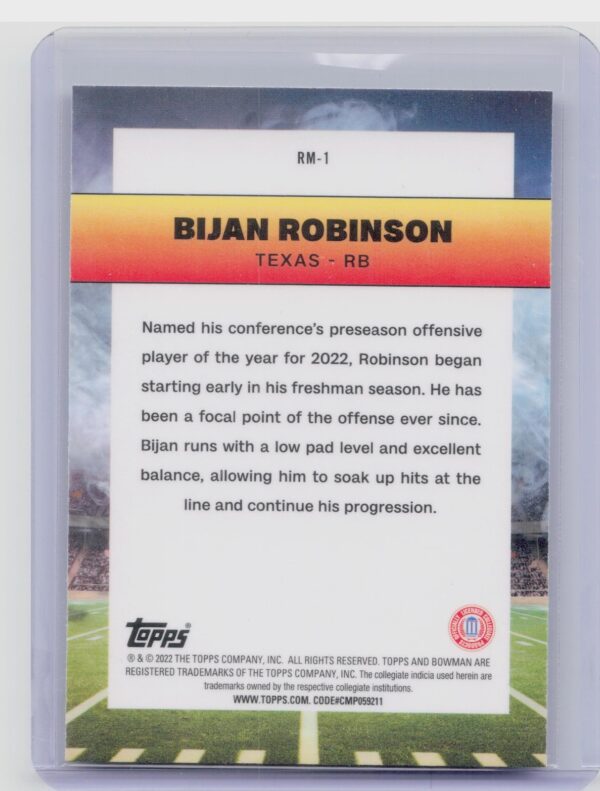 2022 Bowman University Chrome Bijan Robinson #RM-1 Longhorns Ramblin' Man - Image 3