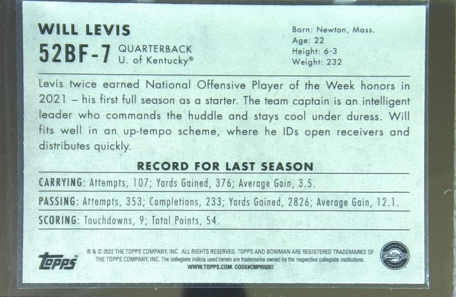 2022 Bowman University Chrome Will Levis #52BF-7 Wildcats 1952 Bowman - Image 3