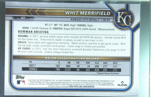 2022 Bowman Whit Merrifield Purple Pattern /199 #42 Royals - Image 3