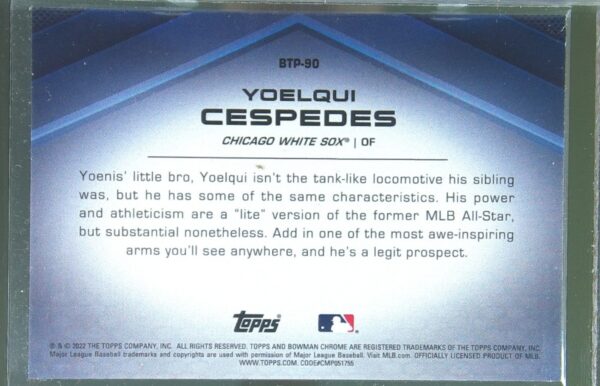 2022 Bowman Yoelqui Cespedes /50 #BTP-90 Bowman Scouts' Top 100 Gold Refractor - Image 3