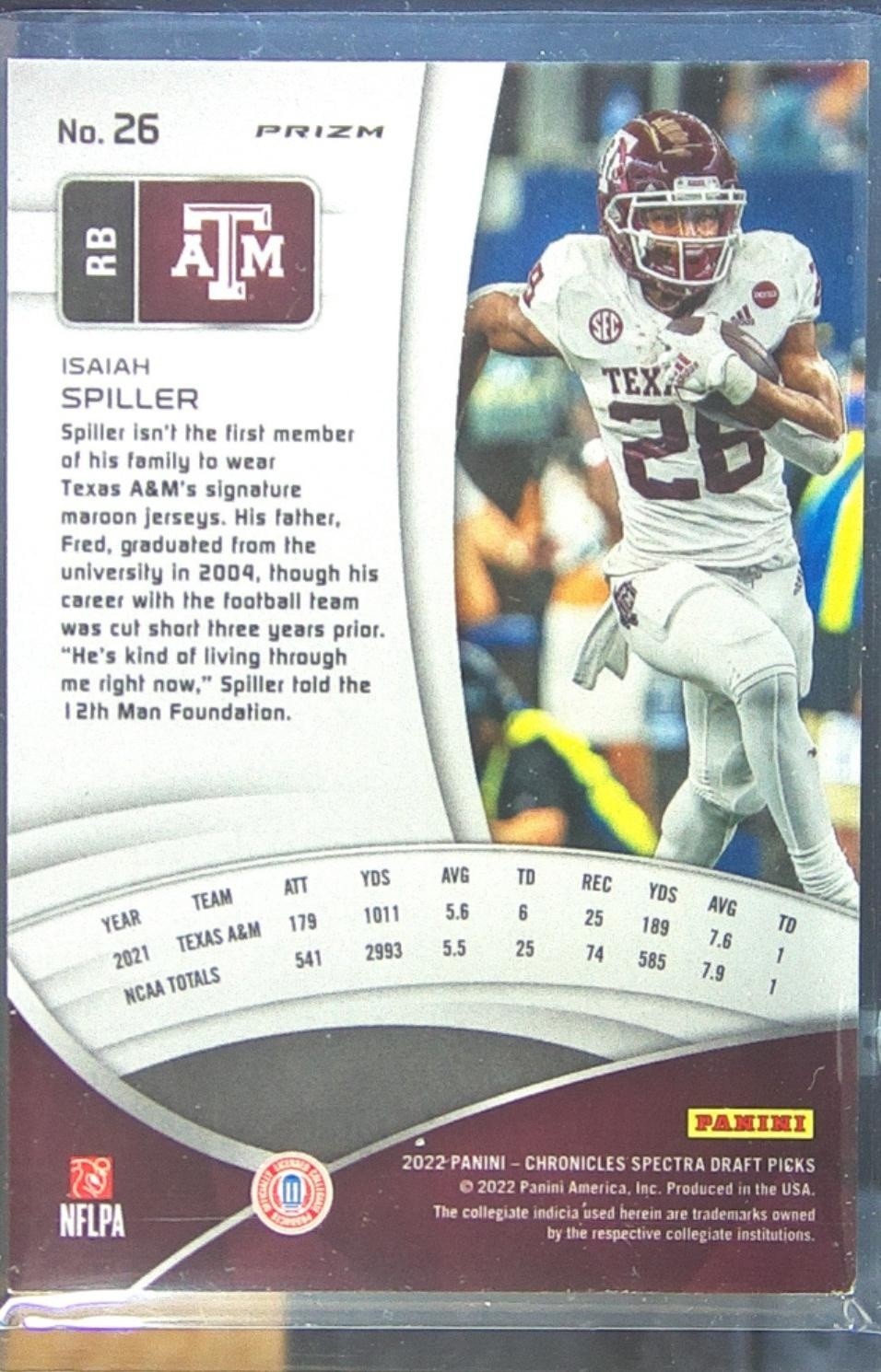 2022 Chronicles Draft Isaiah Spiller RC #26 Aggies Spectra - Image 3