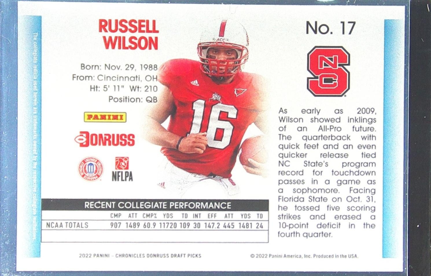 2022 Chronicles Draft Russell Wilson #17 Wolfpack Donruss Retro - Image 3