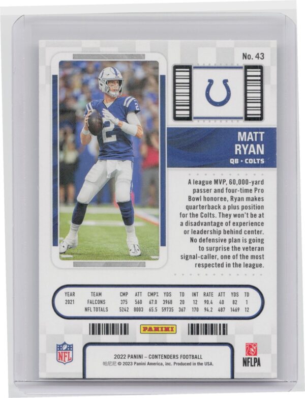 2022 Contenders Matt Ryan Season Ticket #43 Colts - Image 3