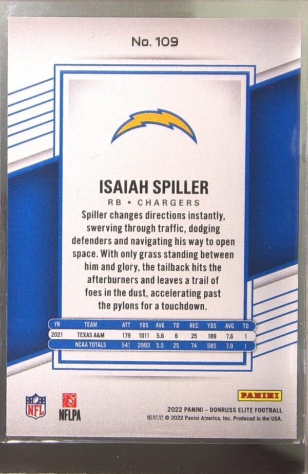 2022 Donruss Elite Isaiah Spiller Green RC #109 Chargers - Image 3