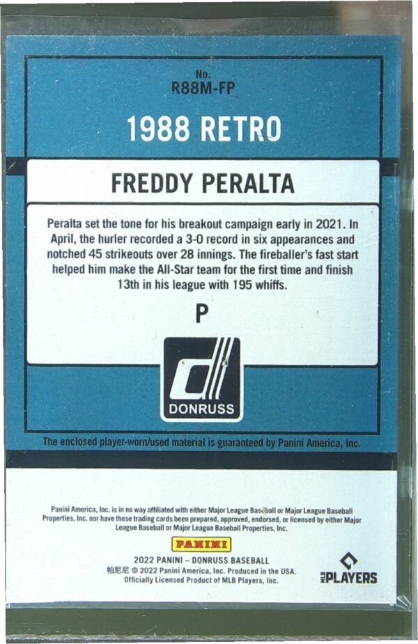 2022 Donruss Freddy Peralta JSY #R88M-FP Brewers Retro 1988 Materials - Image 3