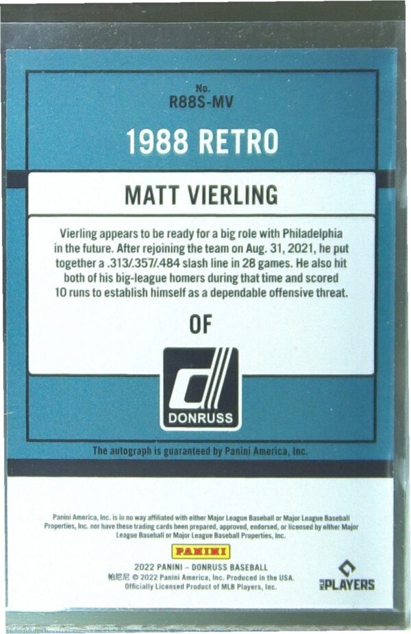 2022 Donruss Matt Vierling Auto #R88S-MV Phillies Retro 1988 Signatures - Image 3