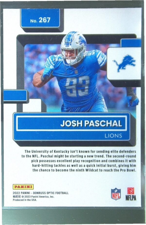 2022 Donruss Optic Josh Paschal RC #267 Lions - Image 3