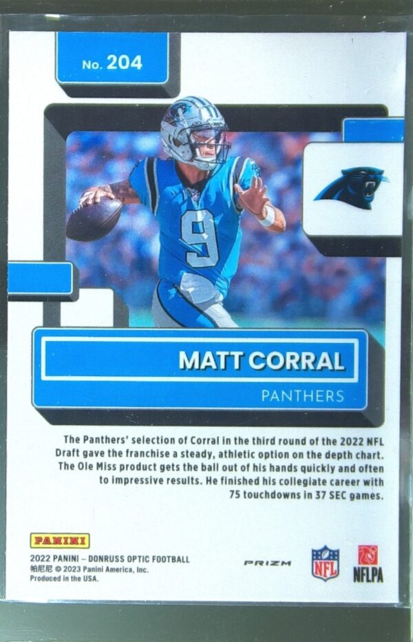 2022 Donruss Optic Matt Corral Purple Shock RC #204 Panthers - Image 3