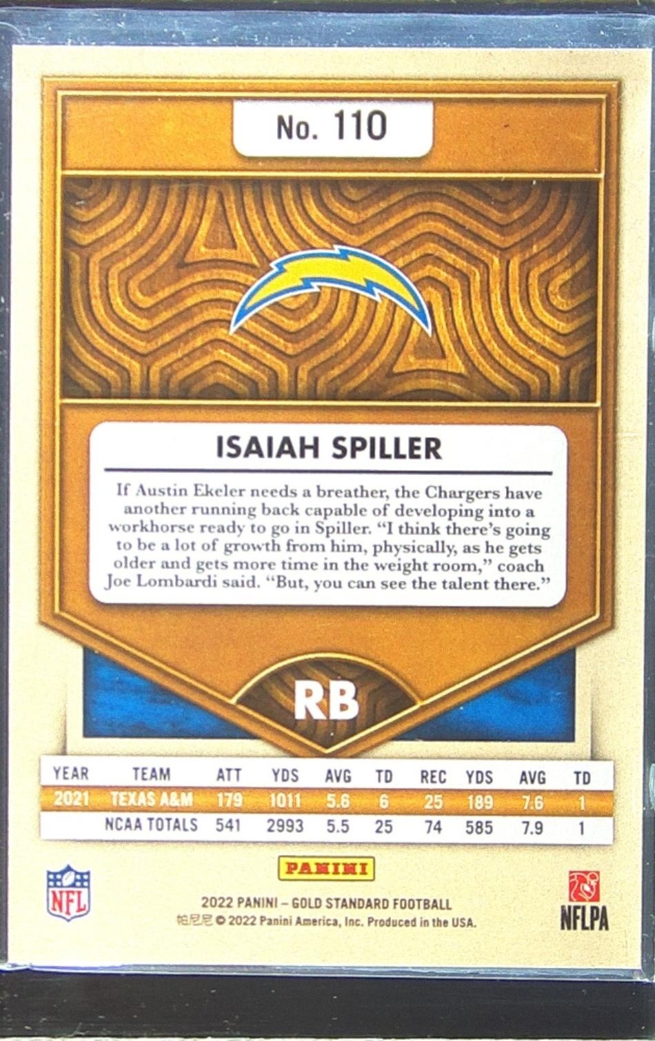 2022 Gold Standard Isaiah Spiller Platinum /75 RC #110 Chargers - Image 3