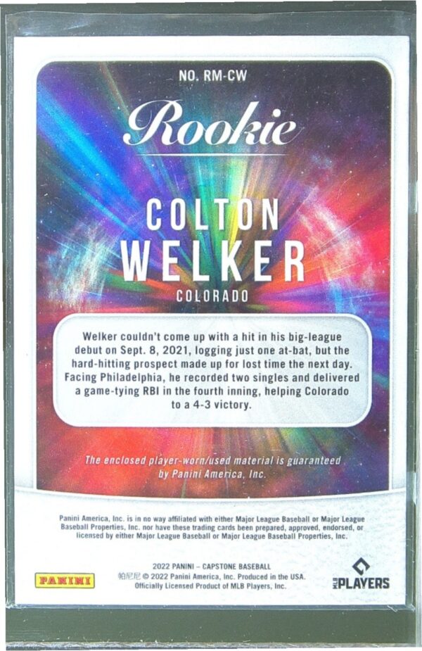 2022 Panini Capstone Colton Welker JSY RC #RM-CW Rockies Rookie Materials - Image 3