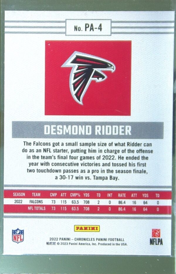 2022 Panini Chronicles Desmond Ridder RC #PA-4 Falcons Panini - Image 3