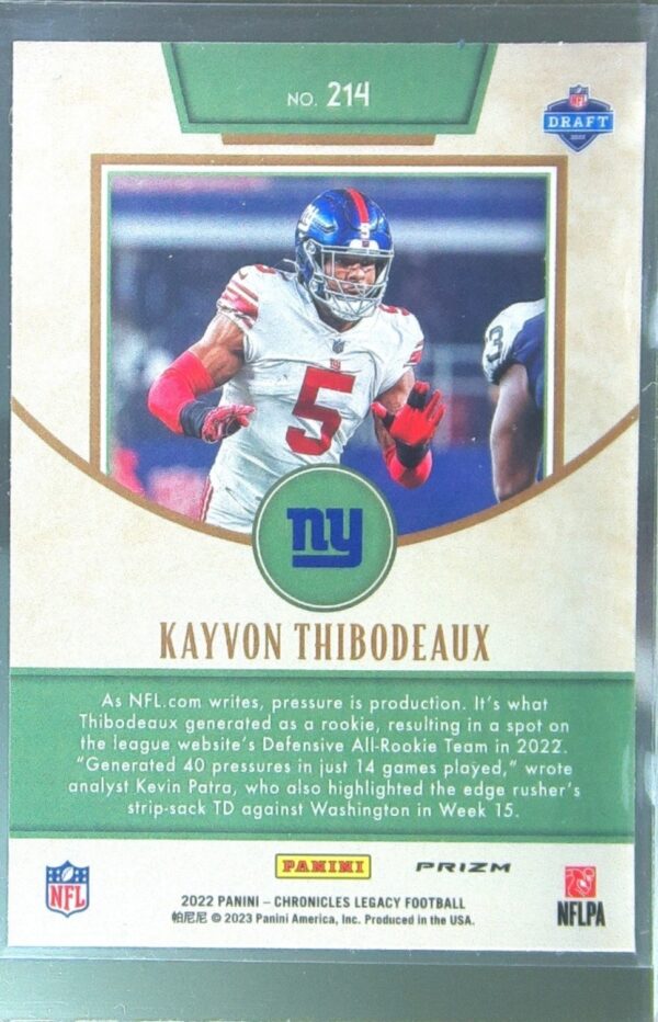 2022 Panini Chronicles Kayvon Thibodeaux RC #214 Giants 2022 Panini Legacy - Image 3