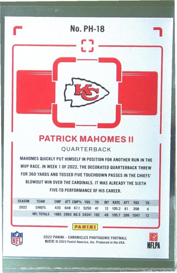 2022 Panini Chronicles Patrick Mahomes II #PH-18 Chiefs Photogenic - Image 3