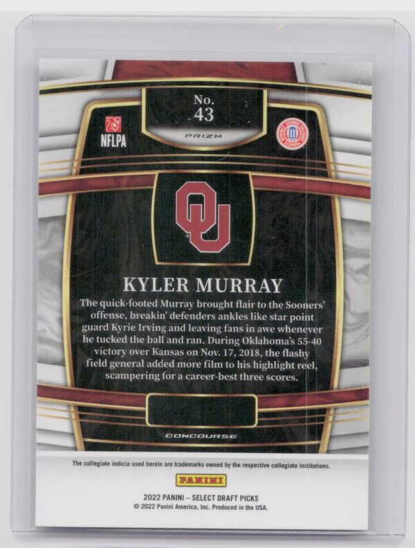 2022 Panini Select Draft Picks Kyler Murray Red Lazer #43 Sooners Oklahoma - Image 3