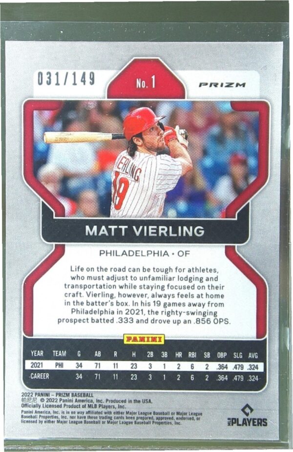 2022 Prizm Matt Vierling Red Mojo Prizm /149 RC #1 Phillies - Image 3