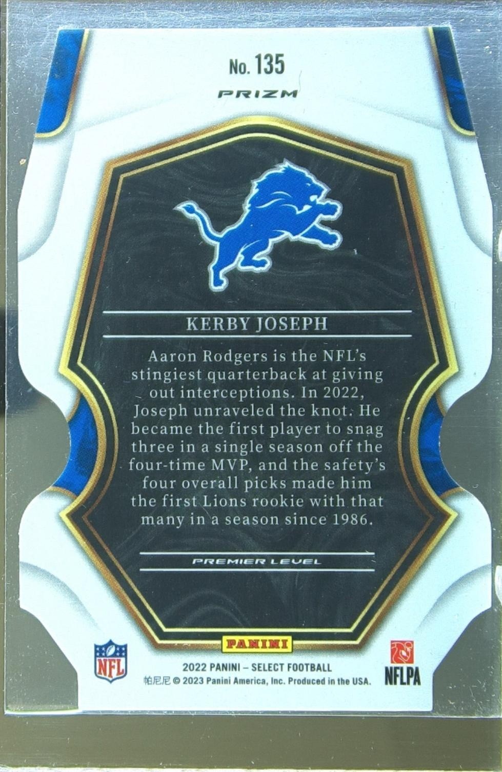 2022 Select Kerby Joseph Black and Red Prizm Die Cut RC #135 Lions - Image 3