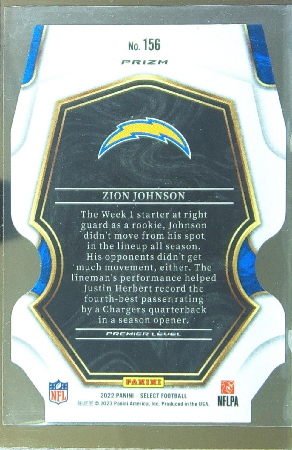 2022 Select Zion Johnson Black and Red Prizm Die Cut RC #156 Chargers - Image 3