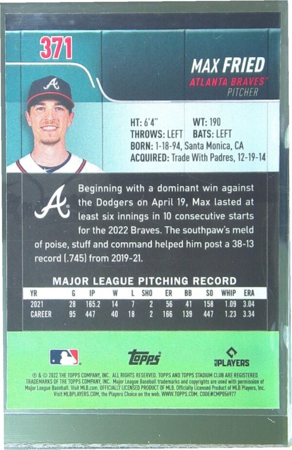 2022 Stadium Club Chrome Max Fried X Fractor #371 Braves - Image 3
