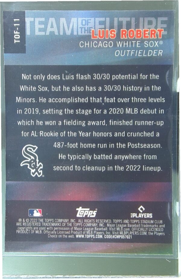 2022 Stadium Club Luis Robert #TOF-11 Sox Team of the Future - Image 3