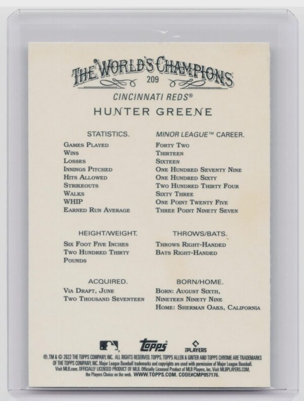 2022 Topps Allen & Ginter Chrome Hunter Greene #209 Reds - Image 3