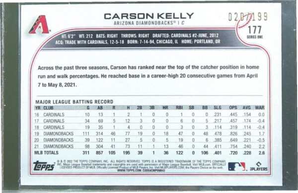 2022 Topps Carson Kelly Red Foilboard /199 #177 Diamondbacks - Image 3
