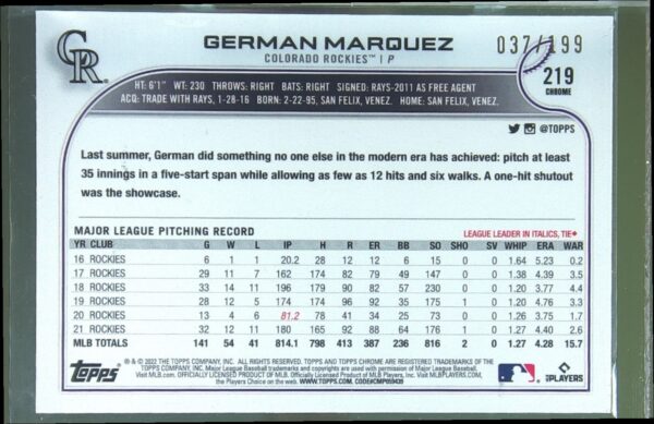 2022 Topps Chrome Sonic German Marquez Aqua RayWave Refractor /199 #219 Rockies - Image 3