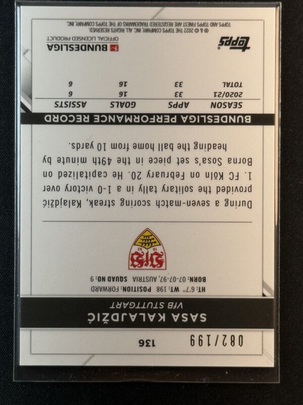 2022 Topps Finest Sasa Kalajdzic Black /199 Stuttgart #136 - Image 3