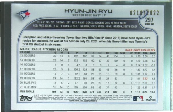 2022 Topps Hyun-Jin Ryu Gold /2022 #297 Jays - Image 3