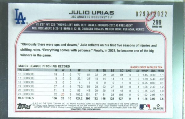 2022 Topps Julio Urias Gold /2022 #299 Dodgers - Image 3