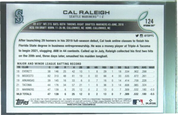 2022 Topps Opening Day Cal Raleigh RC #124 Mariners - Image 3