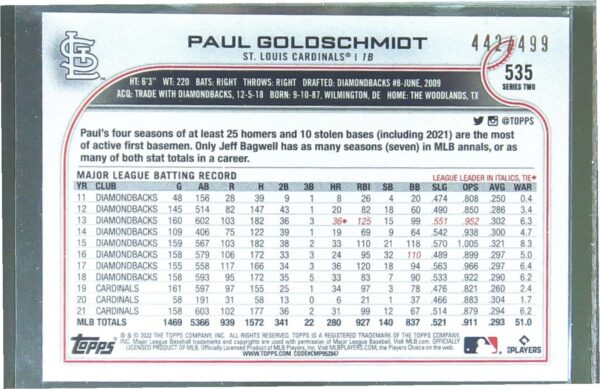 2022 Topps Paul Goldschmidt Green Foilboard /499 #535 Cardinals - Image 3